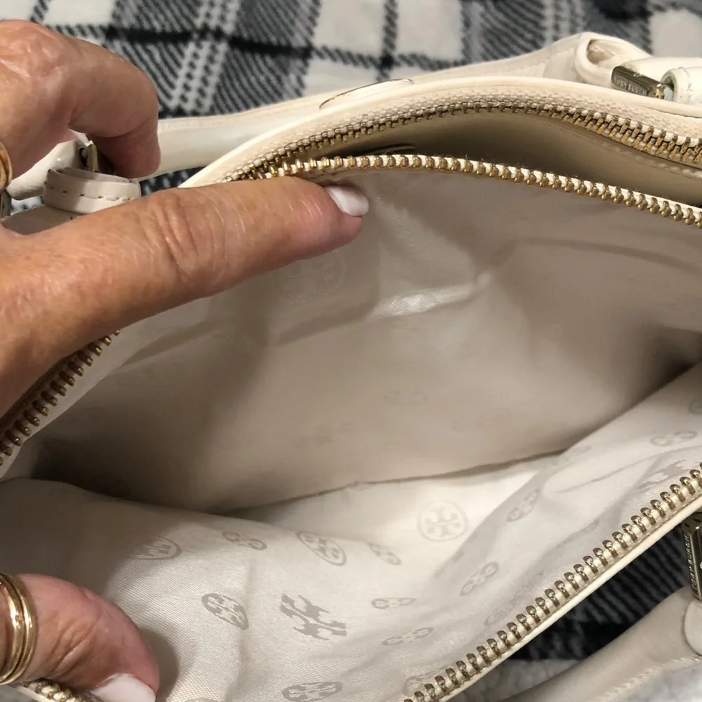 Tory Burch White Perforated Leather Tote with Gold Logo